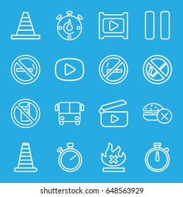 Stop icons set. set of 16 stop outline icons such as airport bus, no phone, cone barrier, no fast food, cone, pause, play