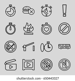 Stop icons set. set of 16 stop outline icons such as airport bus, no phone, no fast food, stopwatch, prohibited, play, barrier