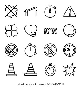Stop icons set. set of 16 stop outline icons such as no phone, cone barrier, no wash, cone, barrier, minus favorite, clock, stopwatch, no smoking, warning, exclamation