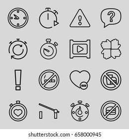 Stop icons set. set of 16 stop outline icons such as barrier, stopwatch, minus favorite, clock, play, warning, no fast food, exclamation, hands, exclamation point