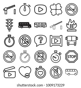 Stop icons. set of 25 editable outline stop icons such as airport bus, no phone, no laptop, hands, stopwatch, exclamation, traffic light, minus favorite, play, road barrier