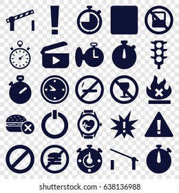 Stop icons set. set of 25 stop filled icons such as barrier, no laptop, no fast food, traffic light, prohibited, heartbeat watch, stop, clock, road barrier, switch off