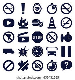 Stop icons set. set of 25 stop filled icons such as airport bus, no smoking, cone barrier, no fast food, prohibited, heartbeat watch, pause, clock, stop, play, stopwatch