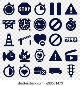 Stop icons set. set of 25 stop filled icons such as airport bus, cone barrier, barrier, no fast food, stopwatch, no fire, traffic light, minus favorite, prohibited