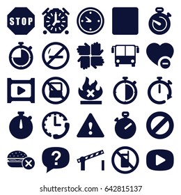 Stop icons set. set of 25 stop filled icons such as airport bus, no phone, no laptop, minus favorite, stop, clock, play, stopwatch, road barrier, warning, exclamation, hands