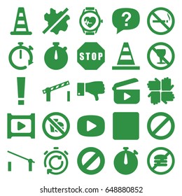 Stop icons set. set of 25 stop filled icons such as barrier, no smoking, cone barrier, no wash, cone, dislike, prohibited, heartbeat watch, stop, play, road barrier, stopwatch