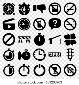 Stop icons set. set of 25 stop filled icons such as airport bus, no phone, no laptop, barrier, traffic light, dislike, prohibited, clock, switch off, play, stopwatch