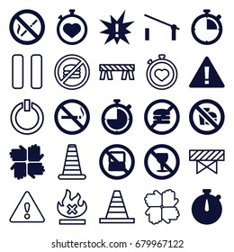 Stop icons set. set of 25 stop filled and outline icons such as barrier, no laptop, no smoking, stopwatch, exclamation, cone barrier, cone, pause, switch off, warning