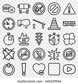 Stop icons set. set of 25 stop outline icons such as airport bus, barrier, no fast food, no wash, cone, traffic light, minus favorite, dislike, stop, clock, switch off, play