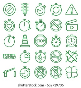 Stop icons set. set of 25 stop outline icons such as airport bus, no phone, no laptop, cone barrier, stopwatch, traffic light, barrier, stop, play, warning, hands