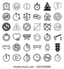 Stop icons. set of 36 editable outline stop icons such as no laptop, barrier, no fast food, minus favorite, prohibited, road barrier, switch off, stopwatch, play, airport bus