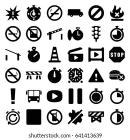 Stop icons set. set of 36 stop filled icons such as airport bus, barrier, no phone, no laptop, cone barrier, traffic light, pause, stop, play, road barrier, warning, stopwatch