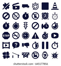 Stop icons set. set of 36 stop filled icons such as barrier, no phone, no laptop, cone, traffic light, dislike, prohibited, heartbeat watch, pause, stop, clock, play