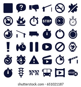Stop icons set. set of 36 stop filled icons such as airport bus, barrier, no laptop, no fast food, traffic light, dislike, prohibited, heartbeat watch, pause, stop, clock