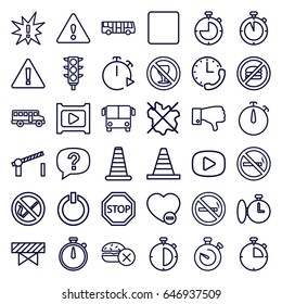 Stop icons set. set of 36 stop outline icons such as airport bus, no smoking, cone barrier, barrier, no fast food, cone, traffic light, minus favorite, dislike, stop, play