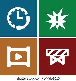 Stop icons set. set of 4 stop filled icons such as barrier, play, stopwatch