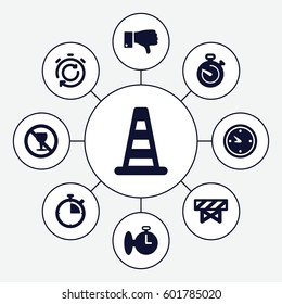 stop icons set. Set of 9 stop filled icons such as cone barrier, barrier, no alcohol, dislike, clock