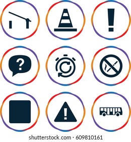 Stop icons set. set of 9 stop filled icons such as airport bus, barrier, cone, stop, no smoking, stopwatch, exclamation, warning