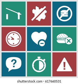 Stop icons set. set of 9 stop filled icons such as barrier, no fast food, no wash, minus favorite, clock, stopwatch, exclamation