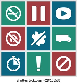 Stop icons set. set of 9 stop filled icons such as no wash, no smoking, prohibited, pause, no fast food, play, stopwatch, bus