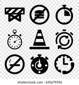Stop icons set. set of 9 stop filled icons such as barrier, cone, stopwatch, no fast food