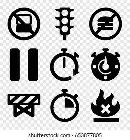 Stop icons set. set of 9 stop filled icons such as no laptop, barrier, no fire, traffic light, pause, stopwatch