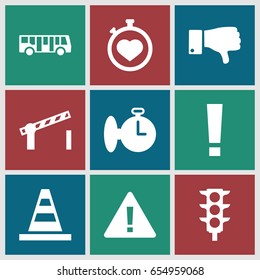 Stop icons set. set of 9 stop filled icons such as airport bus, cone, stopwatch, traffic light, dislike, road barrier, warning