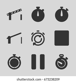 Stop icons set. set of 9 stop filled icons such as pause, stop, stopwatch, barrier