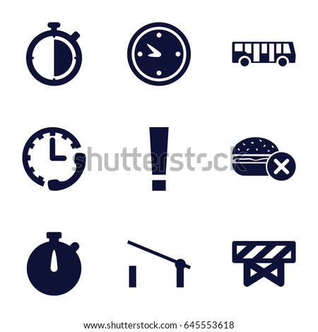 Stop icons set. set of 9 stop filled icons such as airport bus, barrier, no fast food, clock, stopwatch