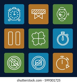 stop icons set. Set of 9 stop outline icons such as barrier, heartbeat watch, pause, stopwatch, no fast food