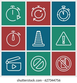 Stop icons set. set of 9 stop outline icons such as no phone, cone barrier, play, stopwatch, warning