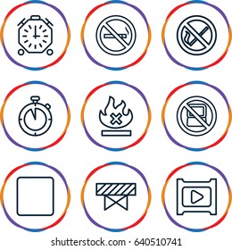 Stop icons set. set of 9 stop outline icons such as no laptop, no smoking, barrier, no fire, stop, play