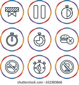Stop icons set. set of 9 stop outline icons such as barrier, no fast food, no smoking, no alcohol, pause