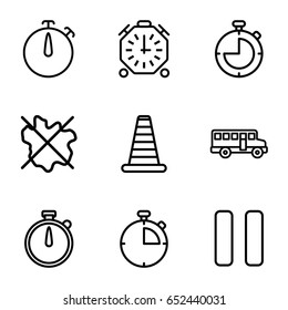 Stop icons set. set of 9 stop outline icons such as cone barrier, no wash, pause, stopwatch
