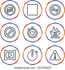 Stop icons set. set of 9 stop outline icons such as no smoking, stopwatch, no fire, prohibited, stop, play, warning