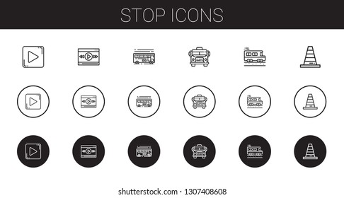stop icons set. Collection of stop with play button, video player, bus, school bus, cone. Editable and scalable stop icons.