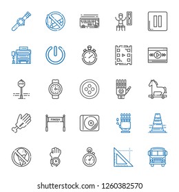 stop icons set. Collection of stop with school bus, triangle, stopclock, watch, no food, traffic cone, hand, disc, finish, trojan horse, button. Editable and scalable stop icons.