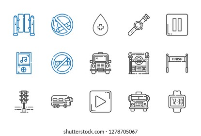 stop icons set. Collection of stop with watch, school bus, play button, bus, traffic light, finish, subway entrance, no smoke, music player. Editable and scalable stop icons.