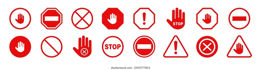 Stop icons set. Red sign STOP with hand. Stop, Warning symbol. Vector.