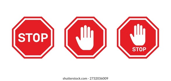 STOP icons set. Red stop sign. Stop hand sign