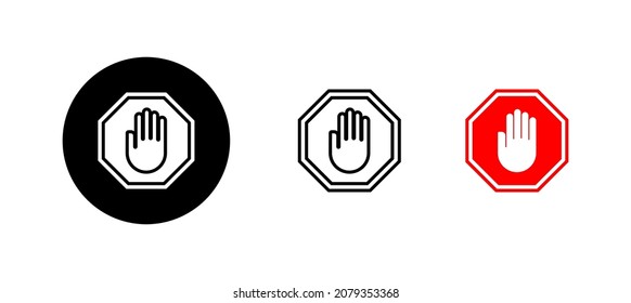 Detener el conjunto de iconos. señal de paro de carretera. símbolo y signo de paro de mano. No introducir el signo rojo de parada con la mano