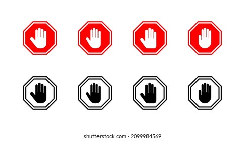 Stop icons set. stop road sign. hand stop sign and symbol. Do not enter stop red sign with hand