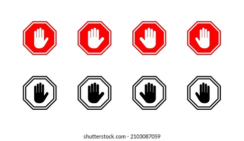 Stop icons set. stop road sign. hand stop sign and symbol. Do not enter stop red sign with hand