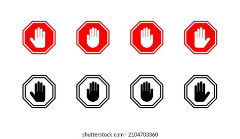 Stop icons set. stop road sign. hand stop sign and symbol. Do not enter stop red sign with hand