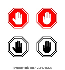 Stoppen Sie die Vektorgrafik der Symbole. Stoppschild. Handstoppzeichen und -symbol. Geben Sie kein rotes Stoppschild mit der Hand ein