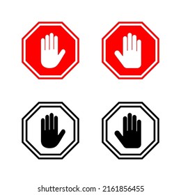 Stop icons vector. stop road sign. hand stop sign and symbol. Do not enter stop red sign with hand