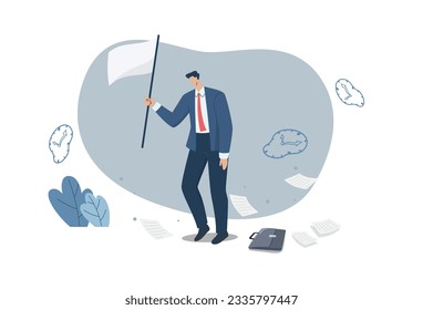 Stop the idea of giving up to the obstacles in the business path. Businessman holding white flag surrender with sadness. Vector design illustration.