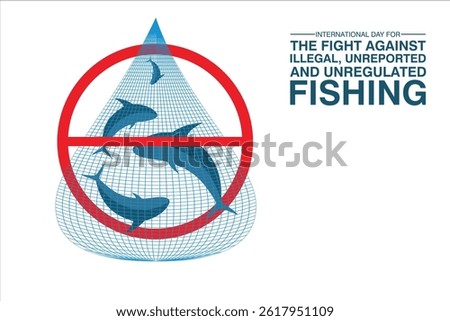 Stop illegal fishing. Vector illustration of fish trapped in a net inside a red prohibition sign, symbolizing the global call to end illegal, unregulated, and harmful fishing practices in the ocean.
