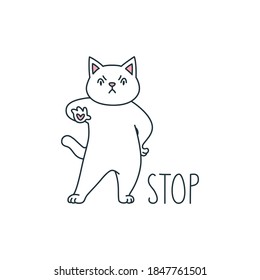 Stop. Illustration of a cut white cat gestures telling to stop. Objects isolated on a white background. Can be used for banners, posters, invitation cards. Vector 8 EPS.