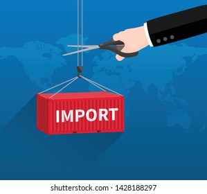 Stop Importing, Trade War Concept, Businessman Hand With Scissors Cutting Import Cargo Container.